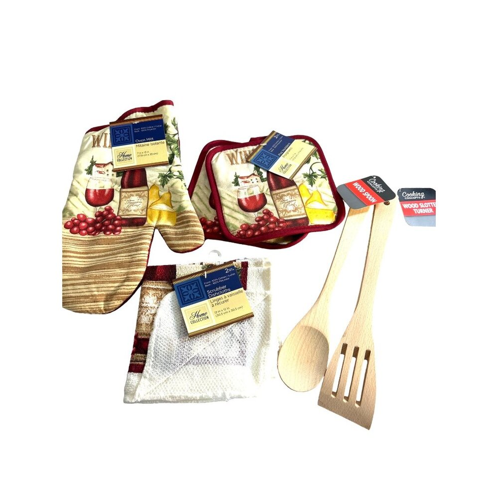 Greenbrier Home Collection Oven Mitt Pot Holder Wooden Spoons Set Wine Theme Mul